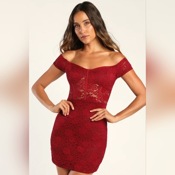 Lulu's Flirty Thoughts Lace Off the Shoulder Bodycon Dress in Wine Red - Picture 3 of 9